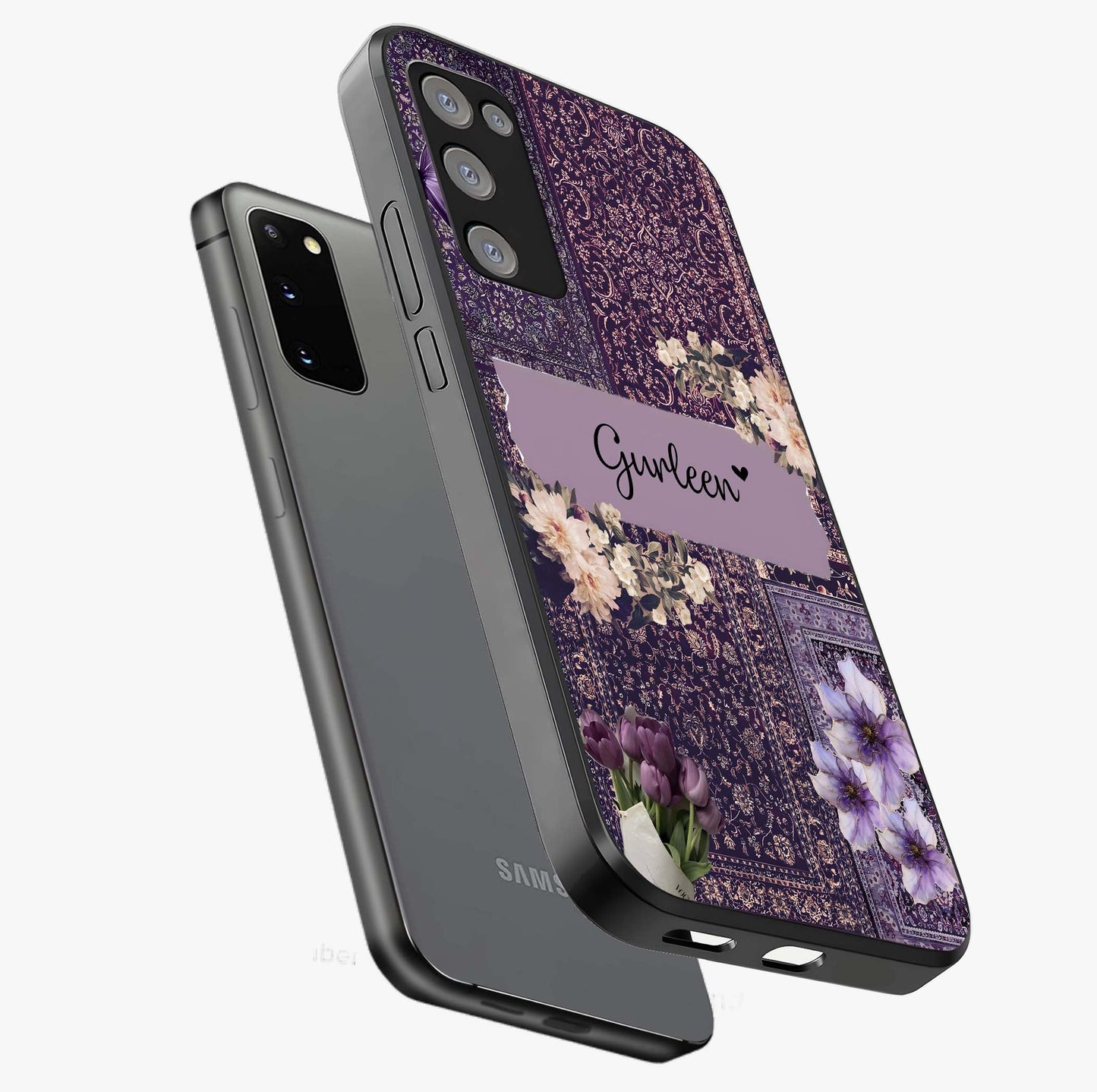 Antique Floral Whisper Custom Name Glass Case displayed in angled mockup highlighting elegant antique floral aesthetic.