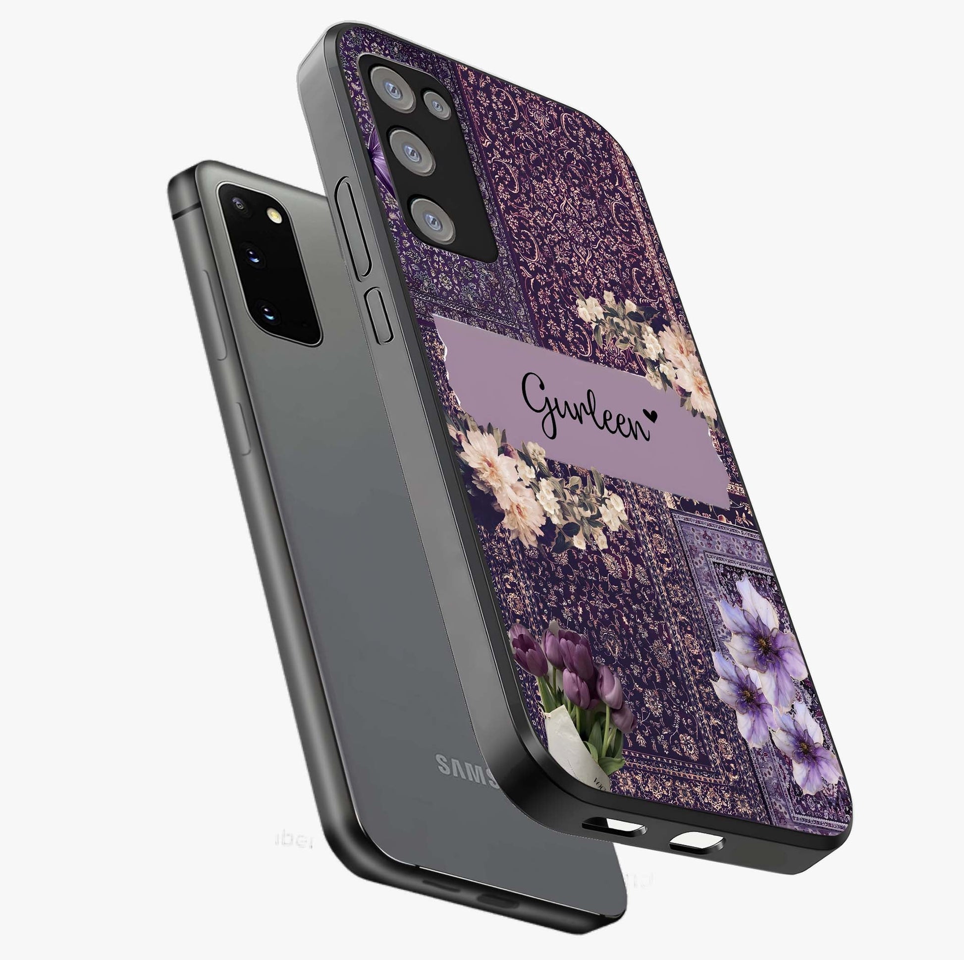 Antique Floral Whisper Custom Name Glass Case displayed in angled mockup highlighting elegant antique floral aesthetic.