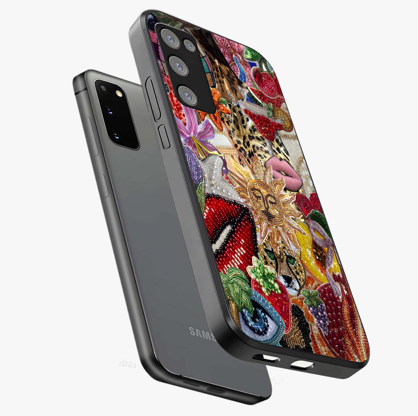 Beaded Fashion Jungle Glass Case displayed in angled mockup highlighting colorful fashion bead design and artistic pattern.