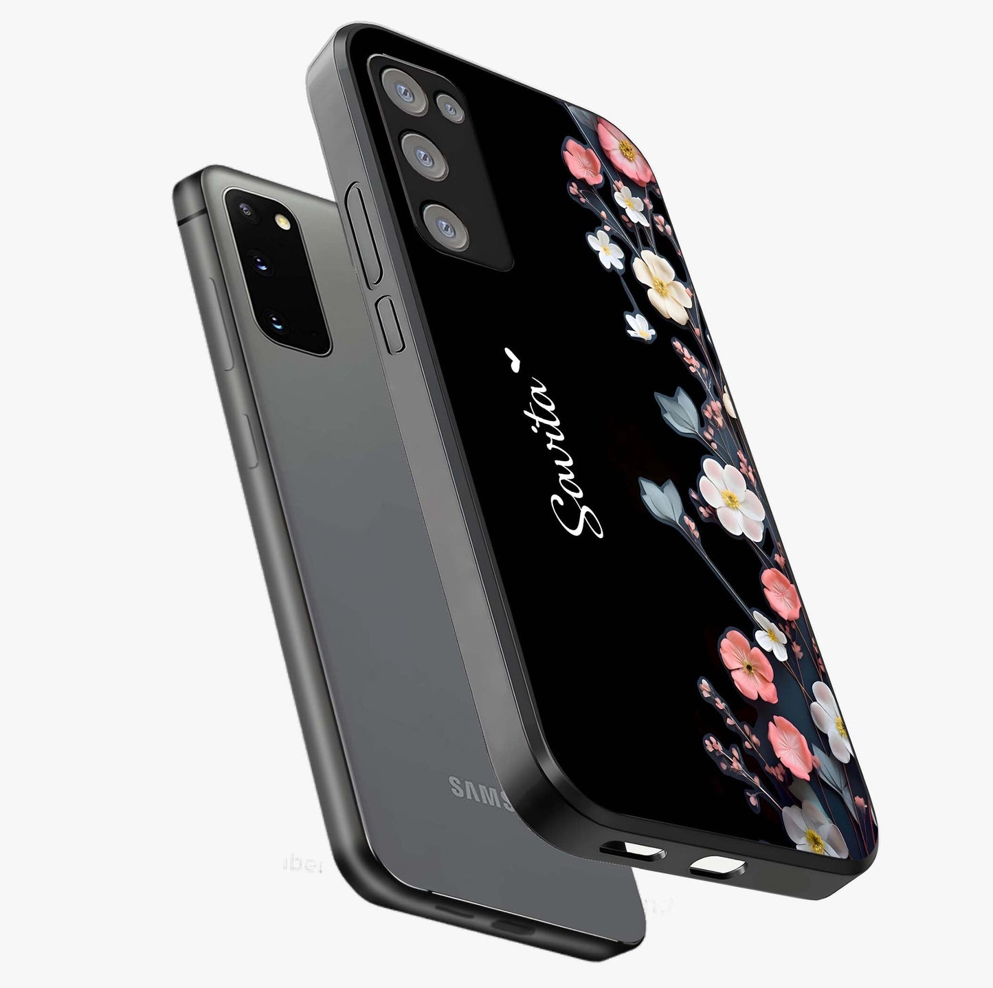 Black Elegance Floral Custom Name Glass Case displayed in angled mockup highlighting dark floral aesthetic and custom name feature.