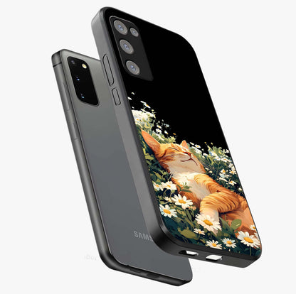 Blissful Bloom Cat Glass Case displayed in angled mockup highlighting playful feline illustration with soft floral aesthetic.