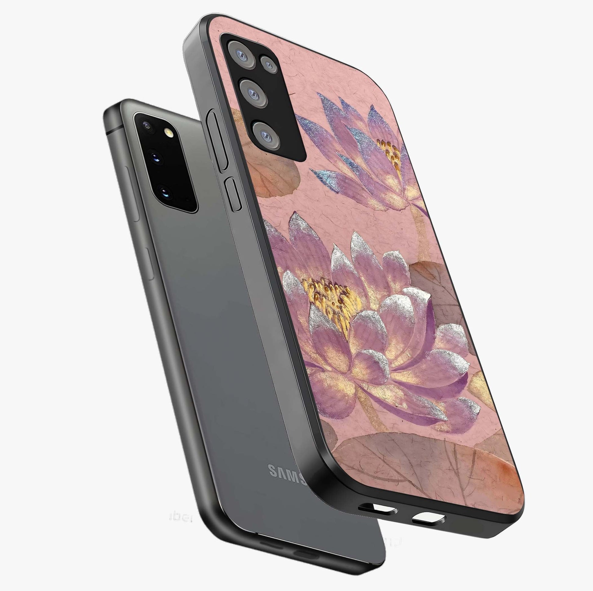 Blossom Mist Lotus Glass Case displayed in angled mockup highlighting delicate lotus illustration with calm aesthetic theme.