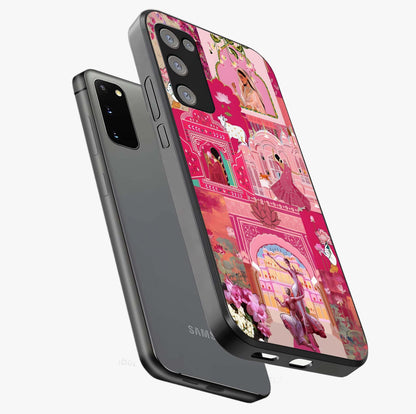 Blossoms of Rajasthan Glass Case displayed in angled mockup highlighting vibrant floral pattern with cultural aesthetic style.