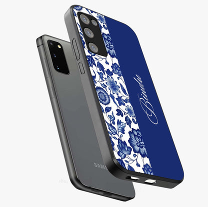 Blue Vintage Floral Pattern Glass Case displayed in angled mockup highlighting subtle bloom pattern with aesthetic pastel design.