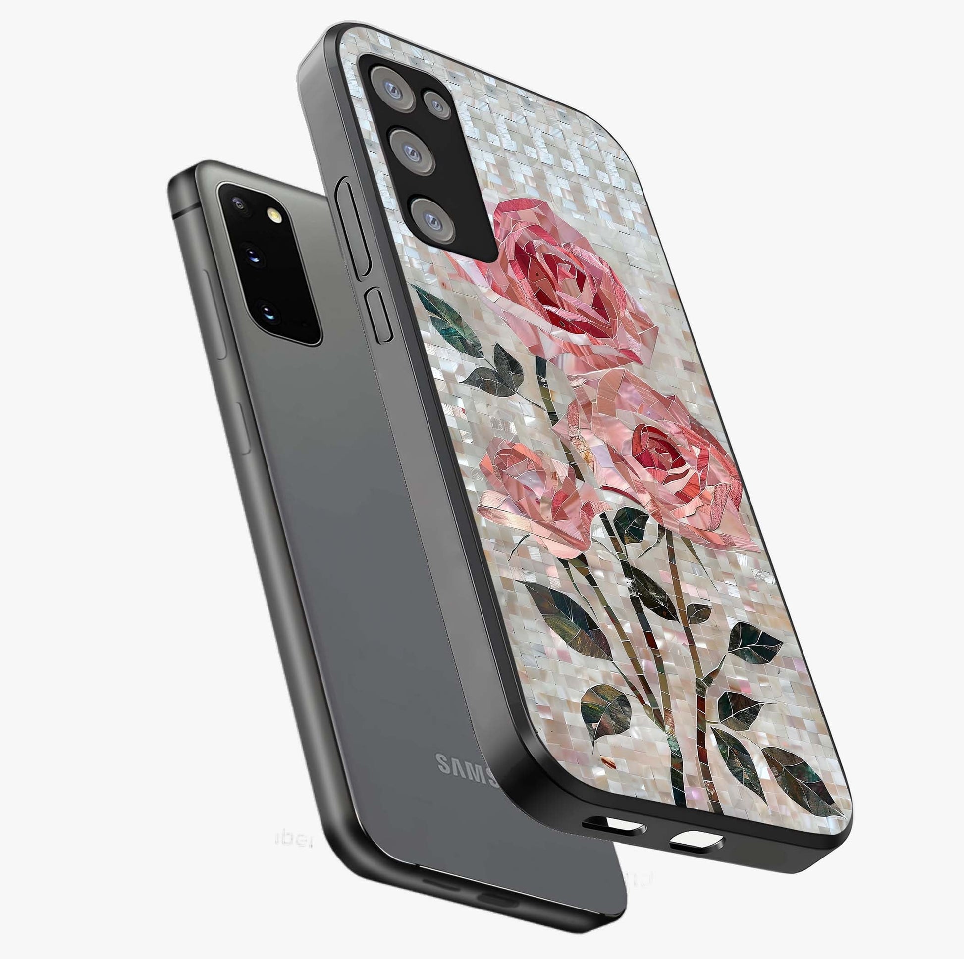 Blush Mosaic Bloom Glass Case displayed in angled mockup highlighting artistic mosaic flower pattern with aesthetic design.