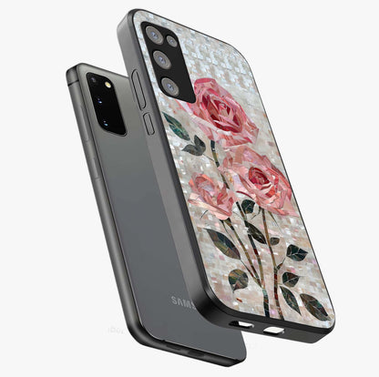 Blush Mosaic Bloom Glass Case displayed in angled mockup highlighting artistic mosaic flower pattern with aesthetic design.