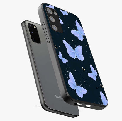 Butterfly With Stars Pattern Glass Case displayed in angled mockup highlighting dreamy butterfly and star design with aesthetic theme.