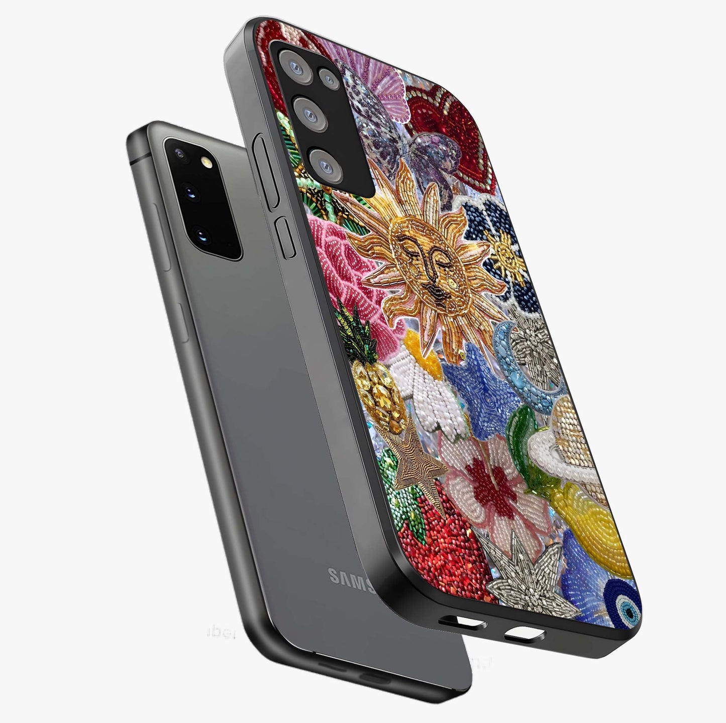 Celestial Floral and Playful Glass Case displayed in angled mockup highlighting playful floral design with dreamy celestial elements.