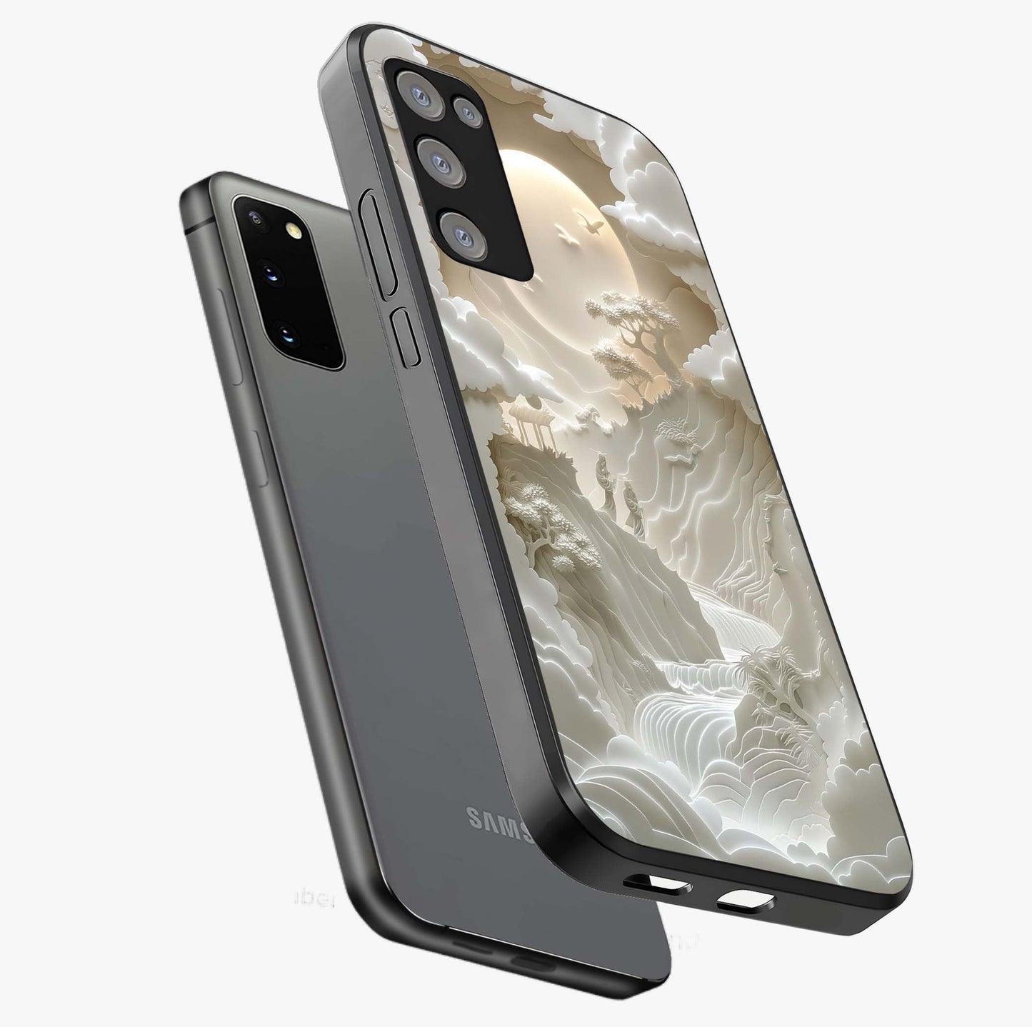 Celestial Origami Glass Case displayed in angled mockup highlighting geometric origami design with cosmic aesthetic theme.