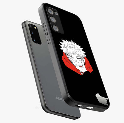Crimson Chaos Smile Glass Case displayed in angled mockup highlighting edgy crimson smile design with graphic aesthetic.
