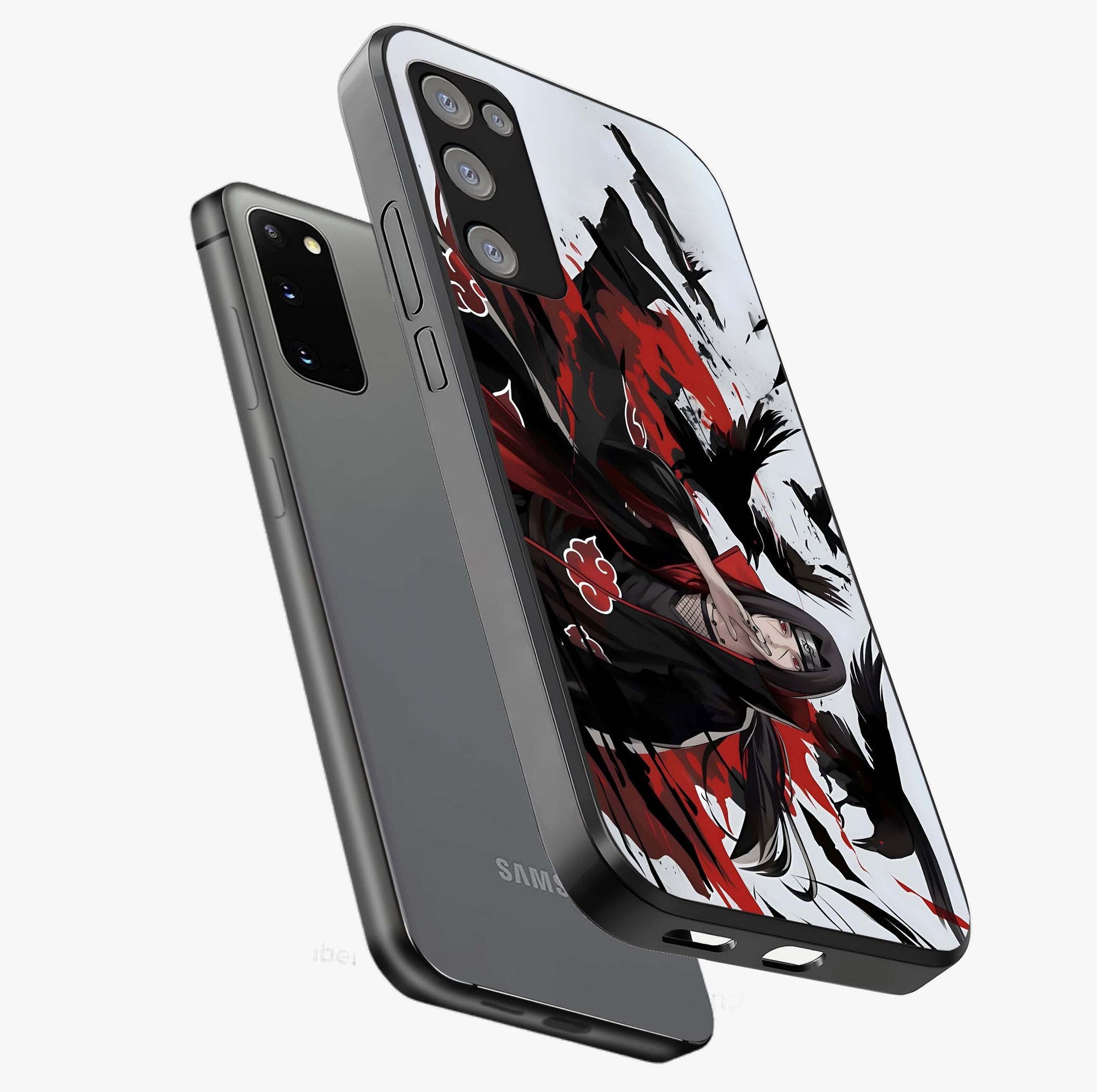 Crimson Crow Illusion Glass Case displayed in angled mockup highlighting mysterious crow graphic with dark aesthetic style.