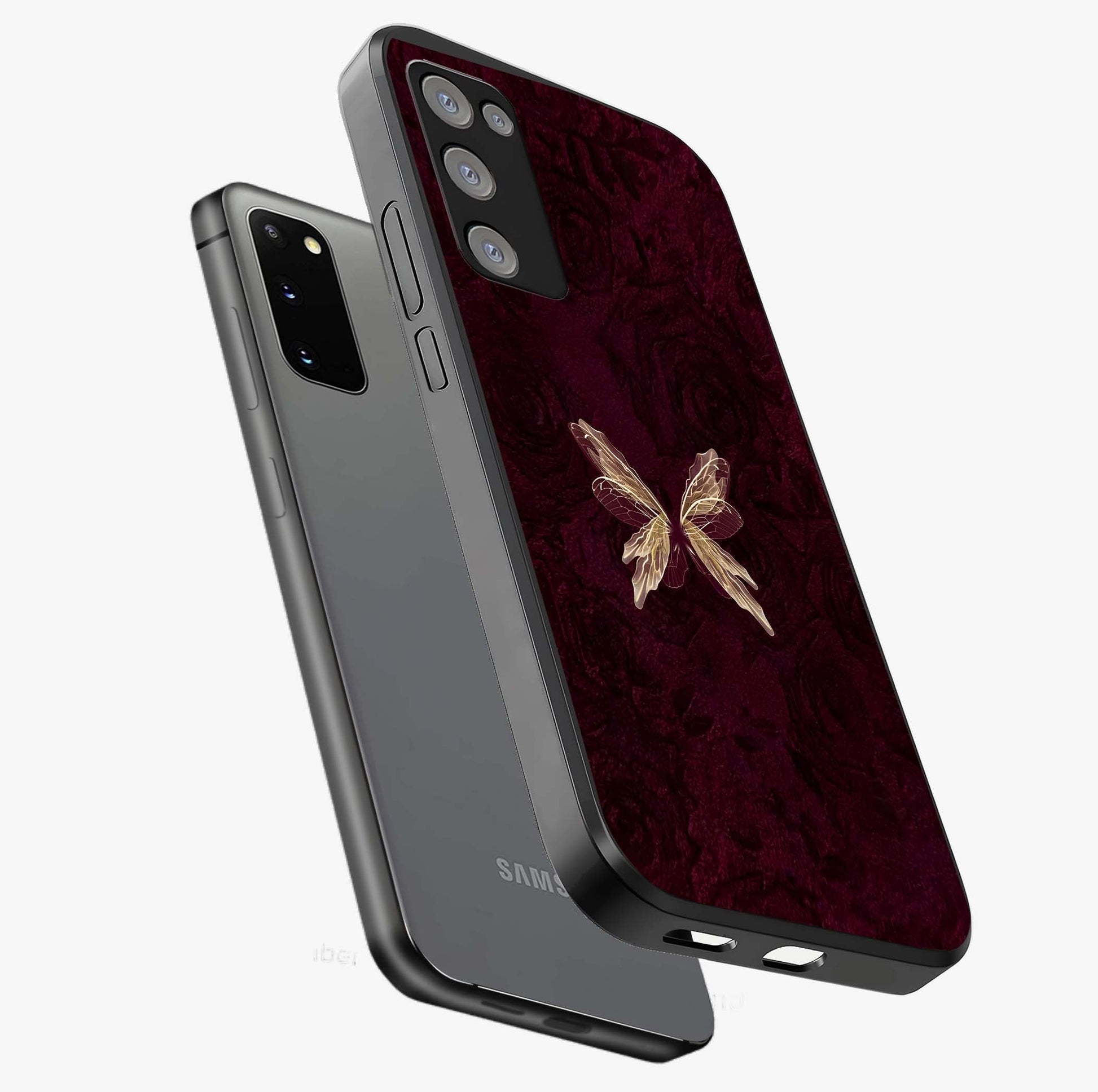 Crimson Fade Butterfly Glass Case displayed in angled mockup highlighting elegant butterfly design with crimson gradient aesthetic.