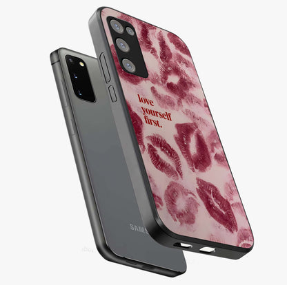 Crimson Kiss Love Glass Case displayed in angled mockup highlighting bold love inspired design with modern aesthetic style.