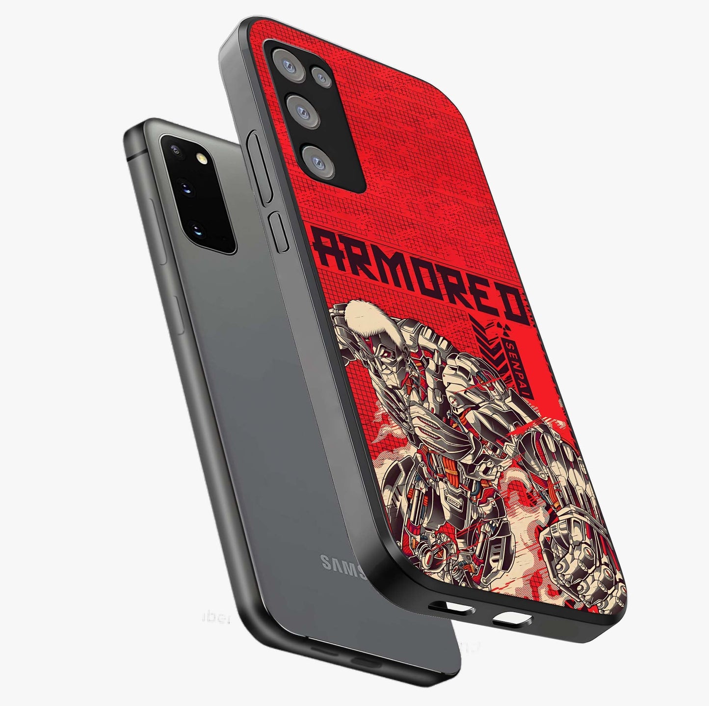 Crimson Mecha Titan Glass Case displayed in angled mockup highlighting futuristic mech illustration with bold crimson aesthetic.