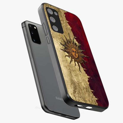 Crimson Sun Majesty Glass Case displayed in angled mockup highlighting majestic crimson sun design with bold aesthetic style.