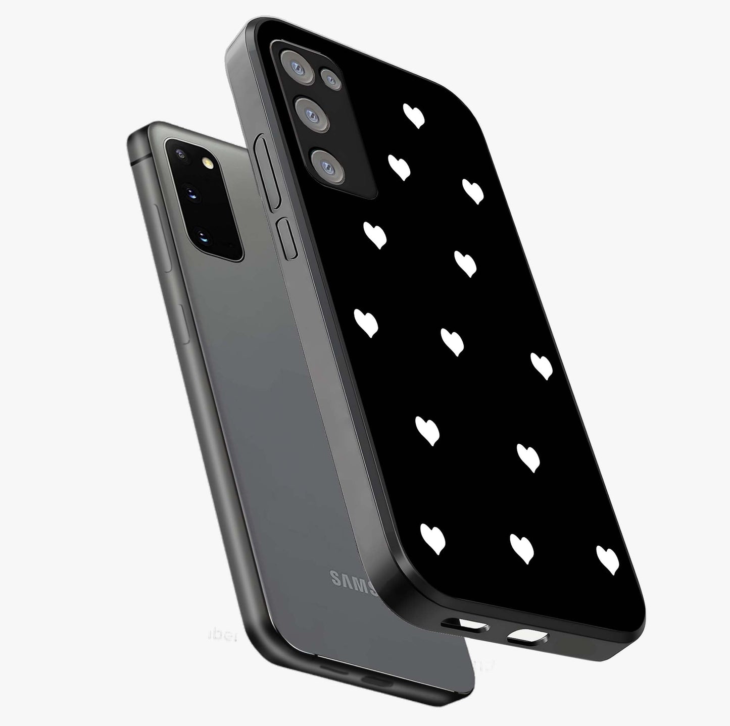 Cute And Simple White Hearts Glass Case displayed in angled mockup highlighting cute heart design with clean aesthetic style.