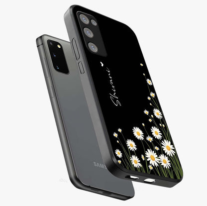 Daisy Cascade Custom Name Glass Case displayed in angled mockup highlighting delicate daisy artwork with custom name feature.