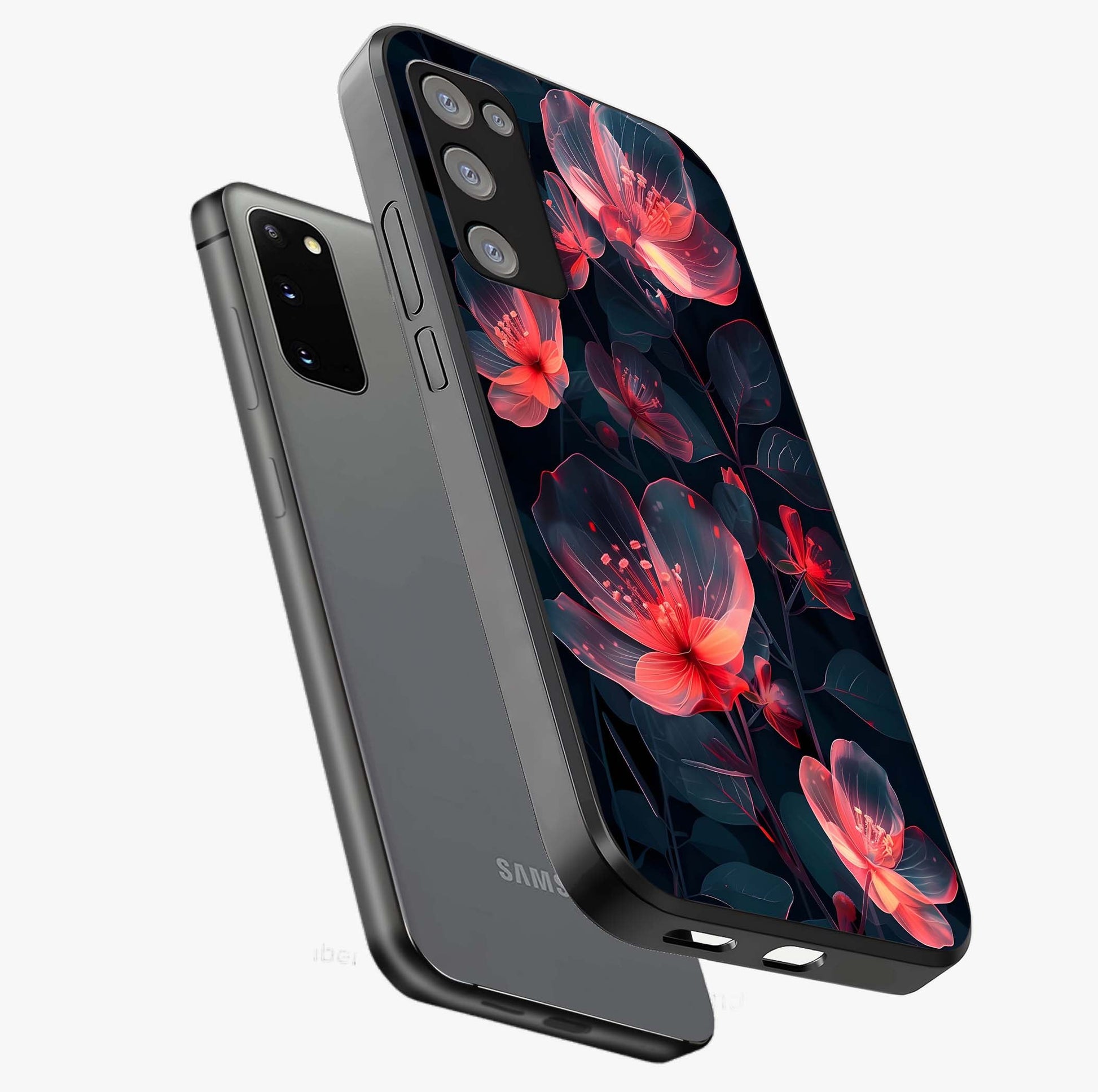 Dark Shade of Flower Glass Case displayed in angled mockup highlighting moody floral illustration with aesthetic dark tones.