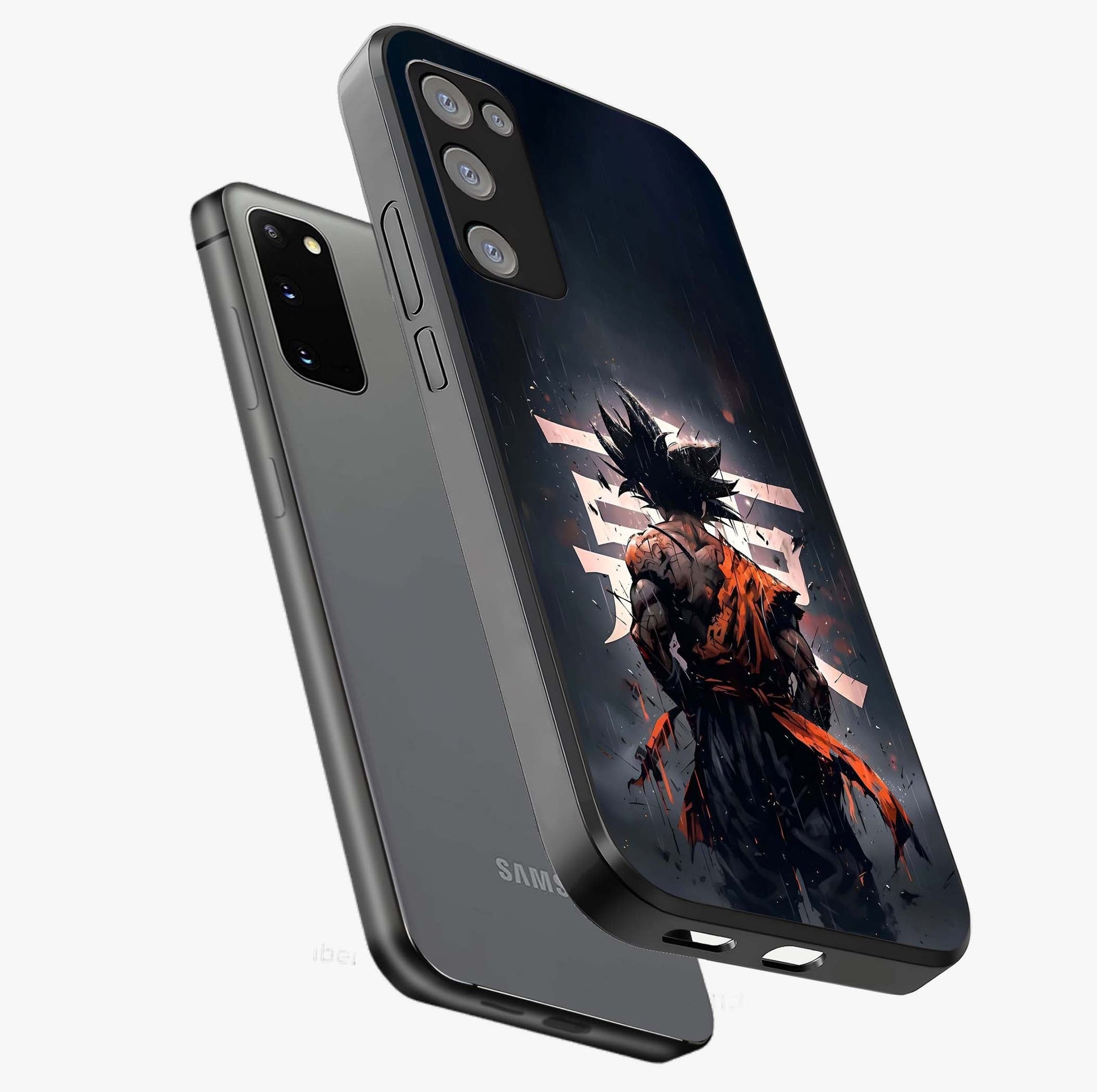 Dark Warrior In Rain Glass Case displayed in angled mockup highlighting dramatic warrior illustration with dark rain aesthetic.