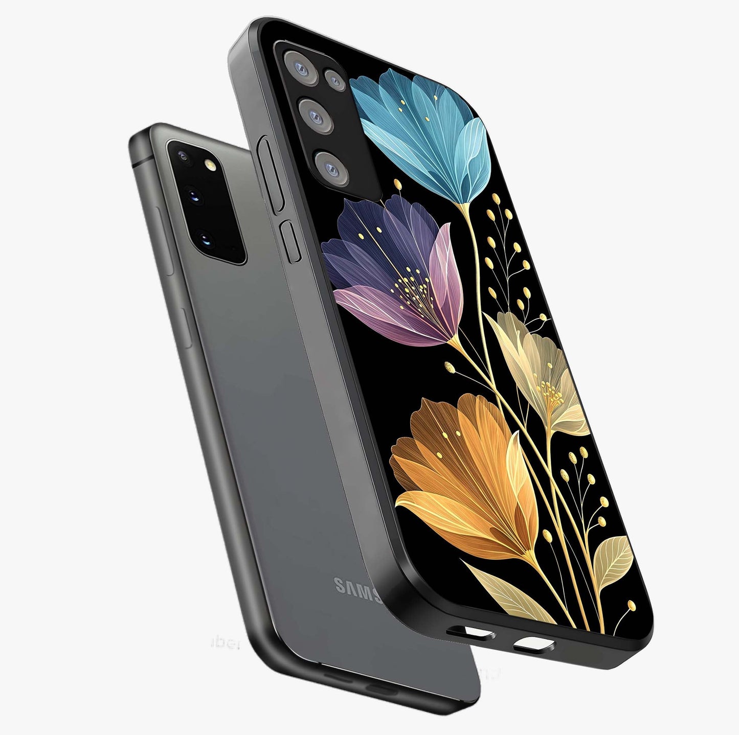 Delicate Multicolor Flowers Glass Case displayed in angled mockup highlighting colorful flower pattern with soft aesthetic style.