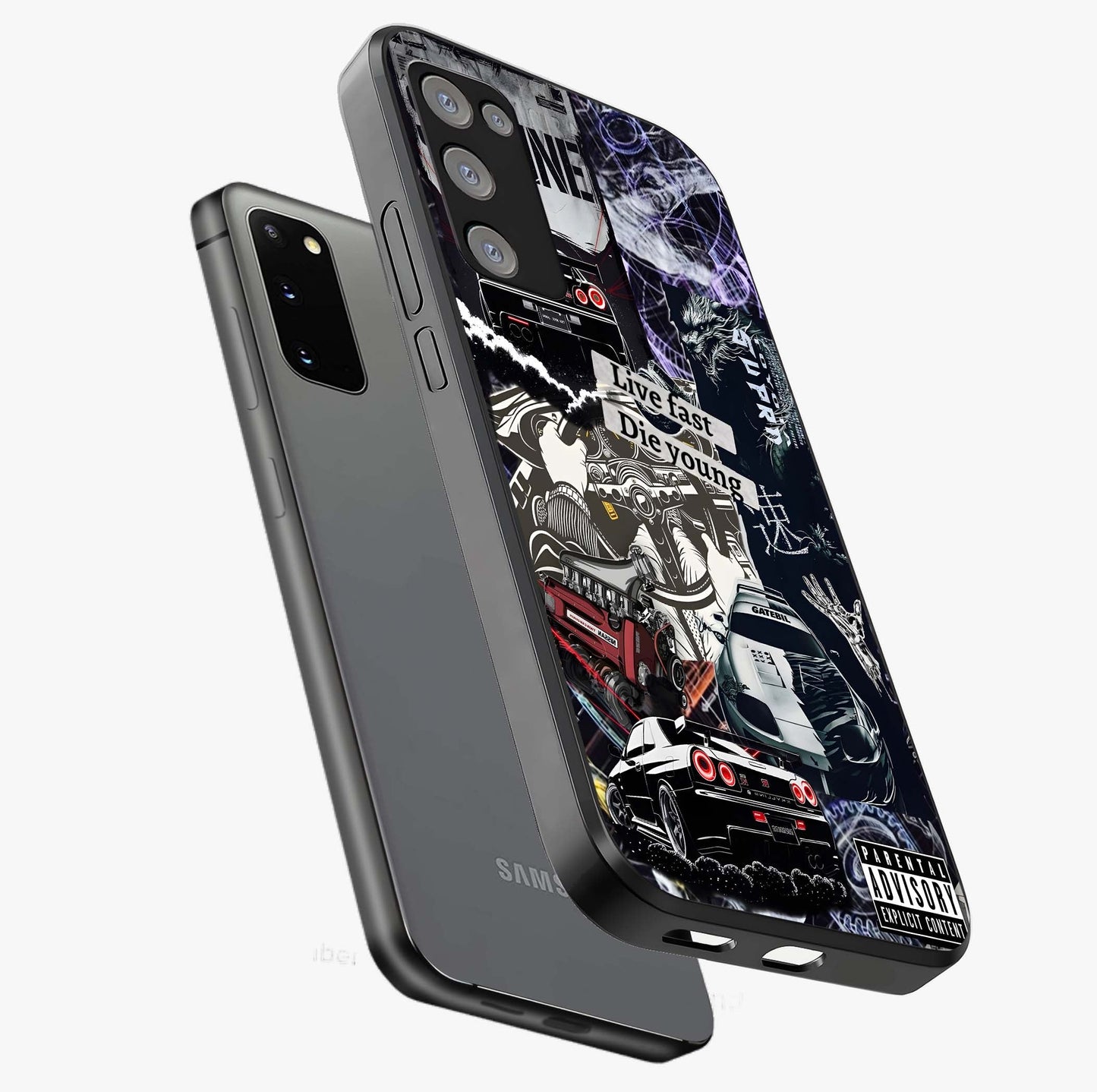 Die Young Glass Case displayed in angled mockup highlighting expressive graphic artwork with edgy aesthetic style.