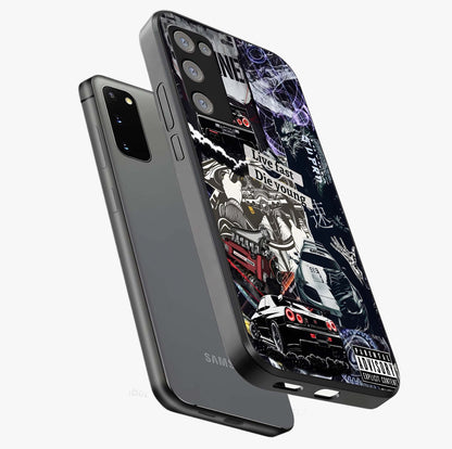 Die Young Glass Case displayed in angled mockup highlighting expressive graphic artwork with edgy aesthetic style.