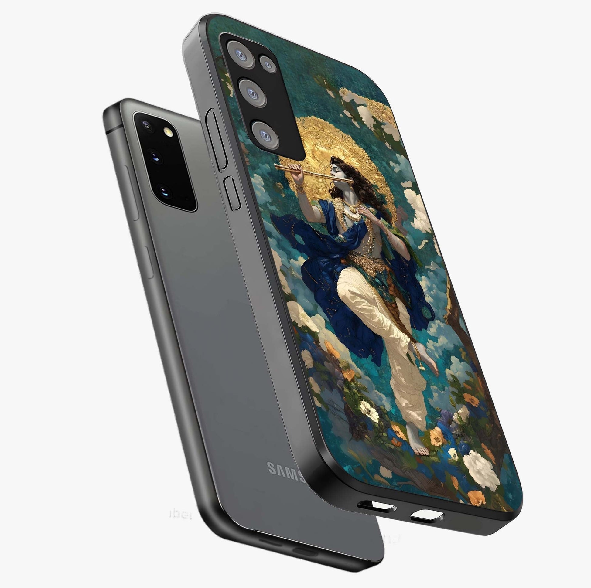 Divine Krishna Art Glass Case displayed in angled mockup highlighting spiritual Krishna illustration with devotional aesthetic.