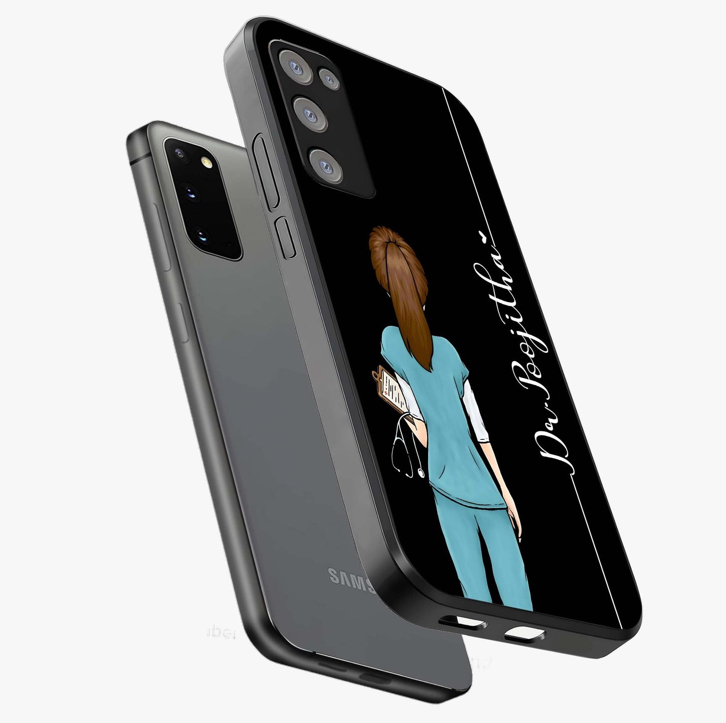 Doctor Pattern Custom Name Glass Case displayed in angled mockup highlighting doctor inspired artwork with custom name feature.