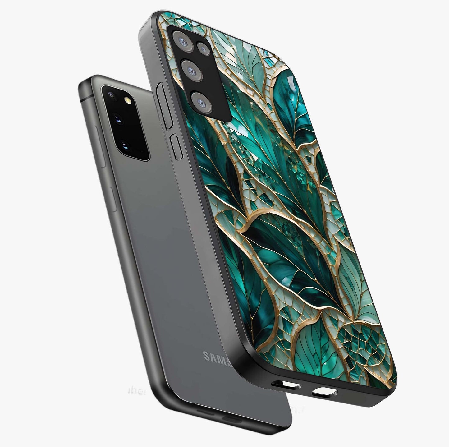 Emerald Leaf Glass Glass Case displayed in angled mockup highlighting botanical leaf illustration with elegant natural aesthetic.