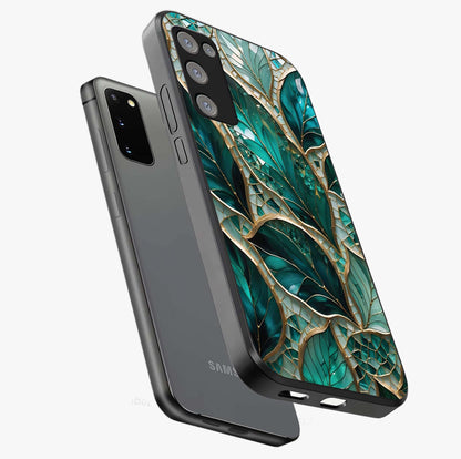 Emerald Leaf Glass Glass Case displayed in angled mockup highlighting botanical leaf illustration with elegant natural aesthetic.