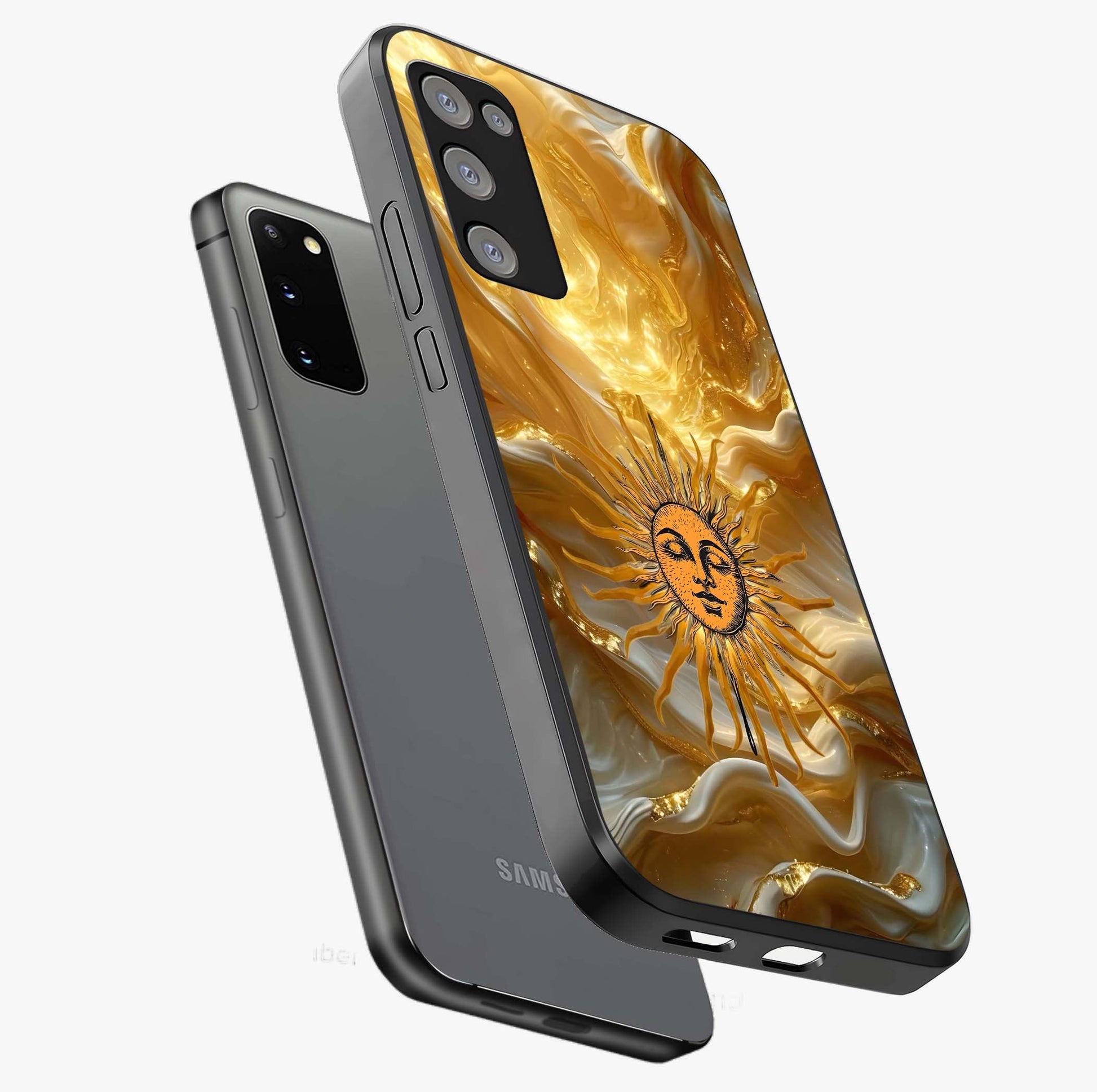 Eternal Golden Glow Glass Case displayed in angled mockup highlighting glowing golden aesthetic design with elegant style.