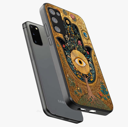 Ethereal Evil Eye Glass Case displayed in angled mockup highlighting protective evil eye symbol with spiritual aesthetic design.