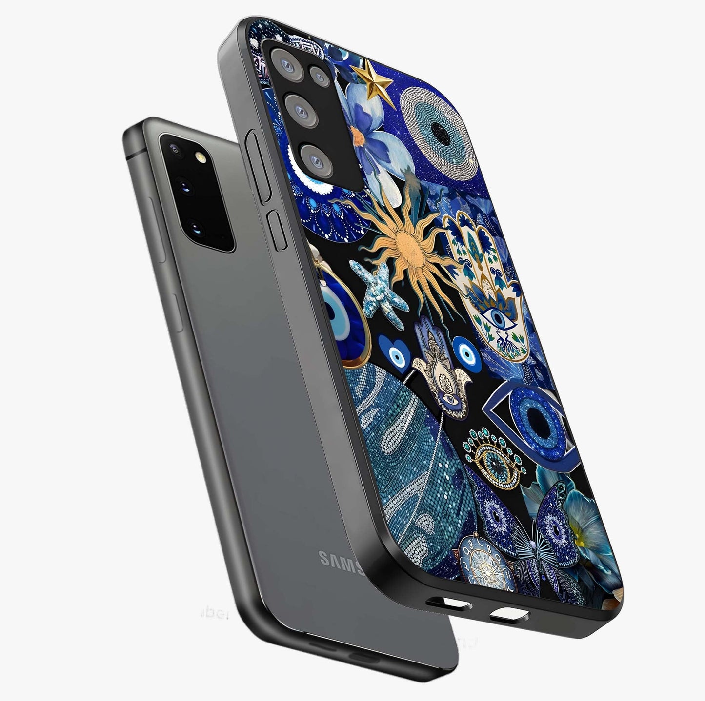 Evil Eye Charm Mix Glass Case displayed in angled mockup highlighting protective evil eye symbols with spiritual aesthetic design.