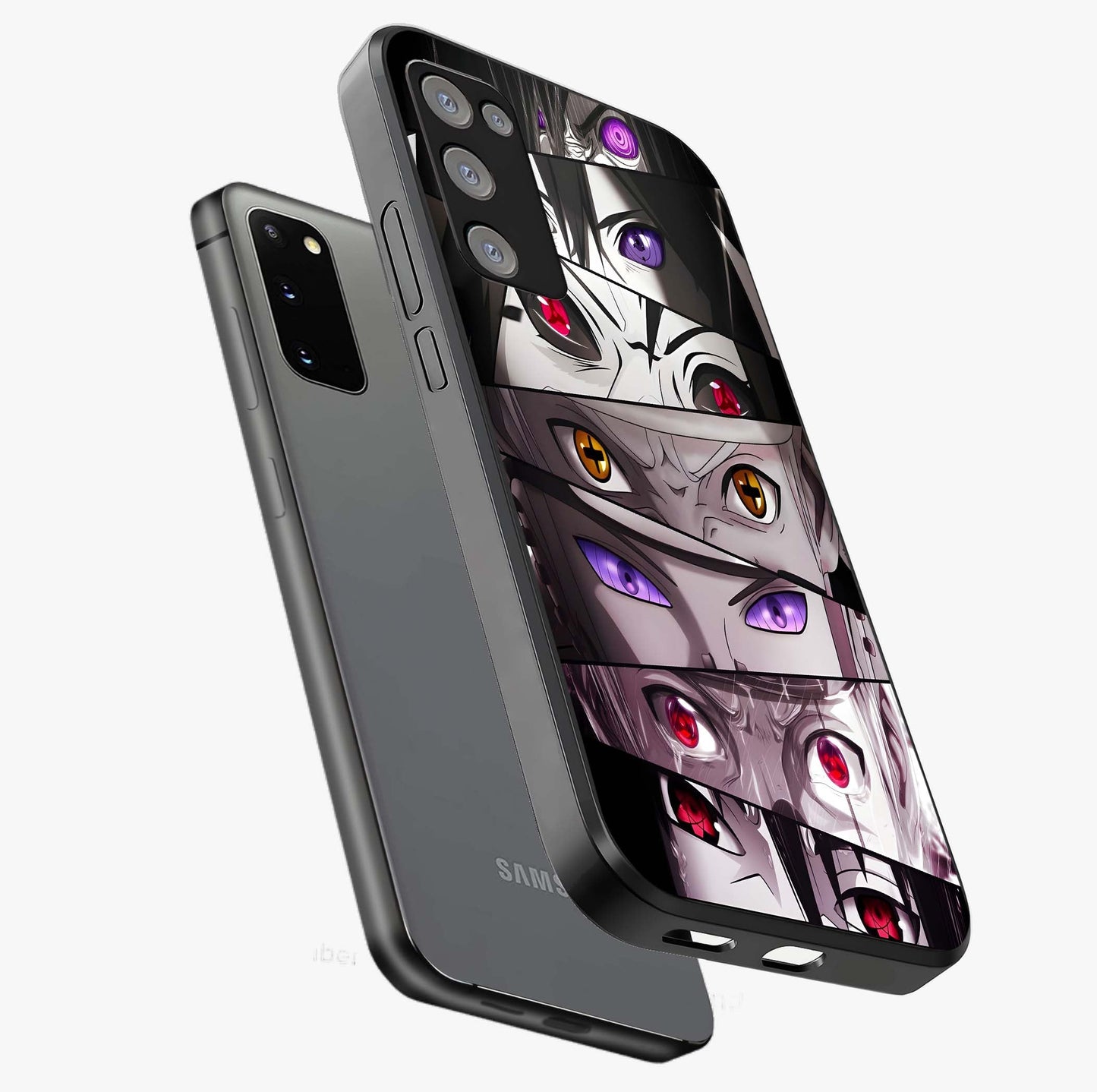 Eyes of Destiny Glass Case displayed in angled mockup highlighting bold eye illustration with mystical aesthetic style.