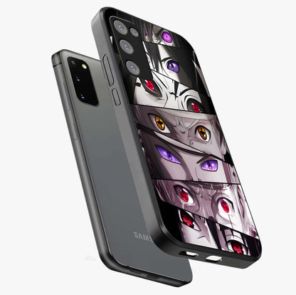 Eyes of Destiny Glass Case displayed in angled mockup highlighting bold eye illustration with mystical aesthetic style.