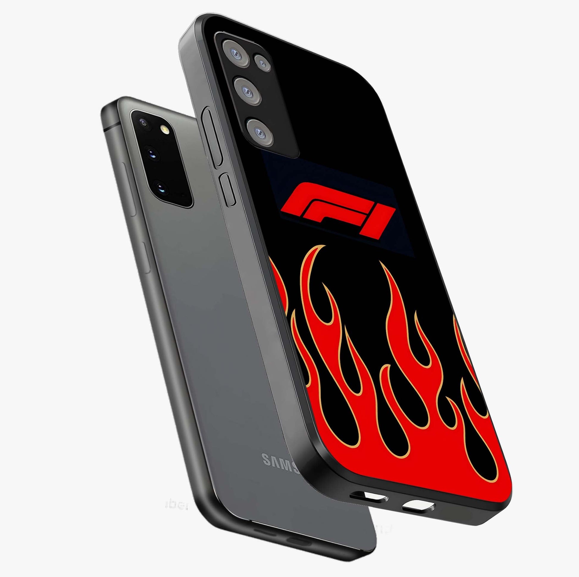 Fire F11 Glass Case displayed in angled mockup highlighting bold fire inspired graphic with energetic aesthetic style.