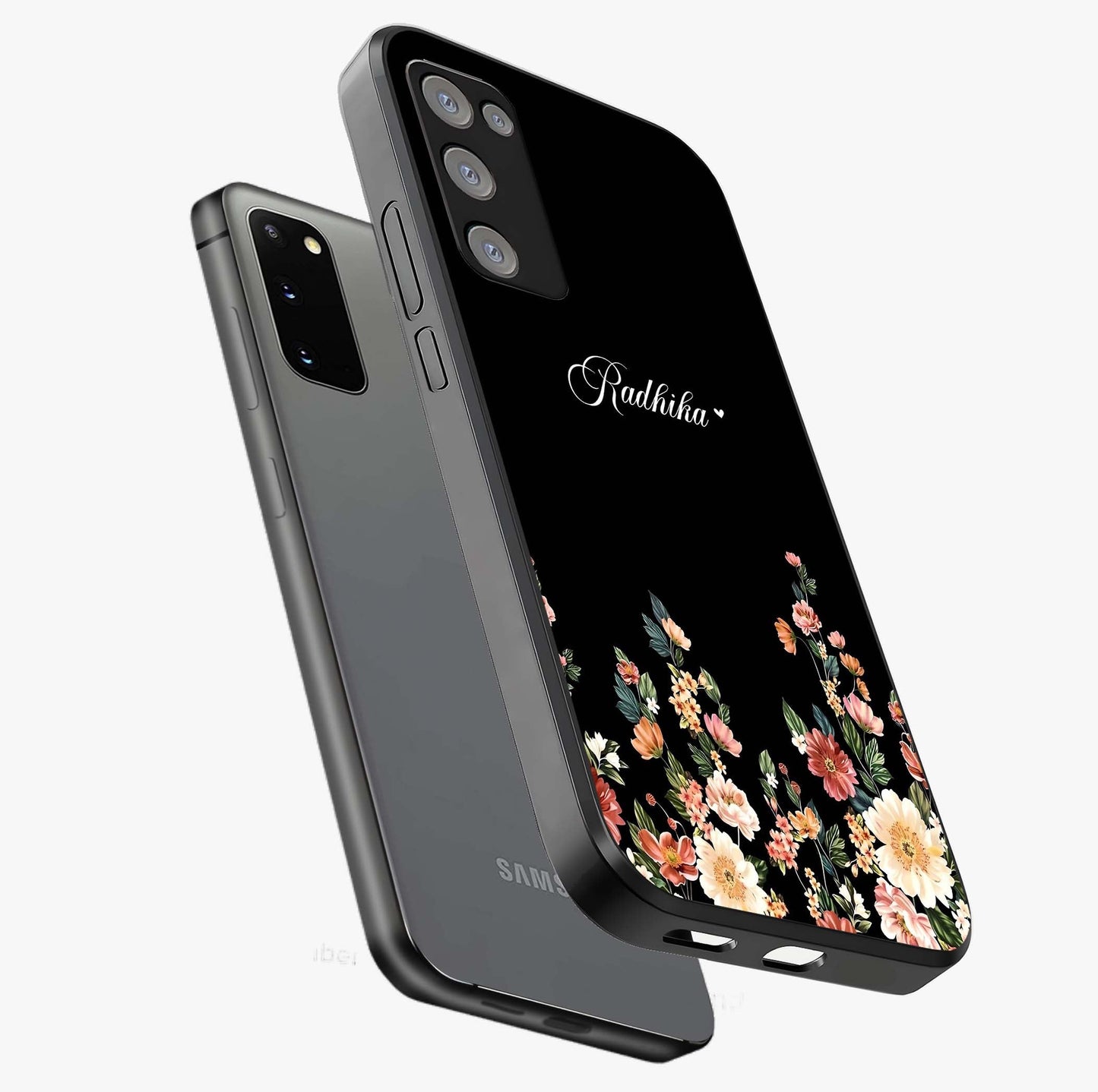 Floral Design With a Custom Personalized Name Glass Case displayed in angled mockup highlighting elegant floral pattern with custom name feature.