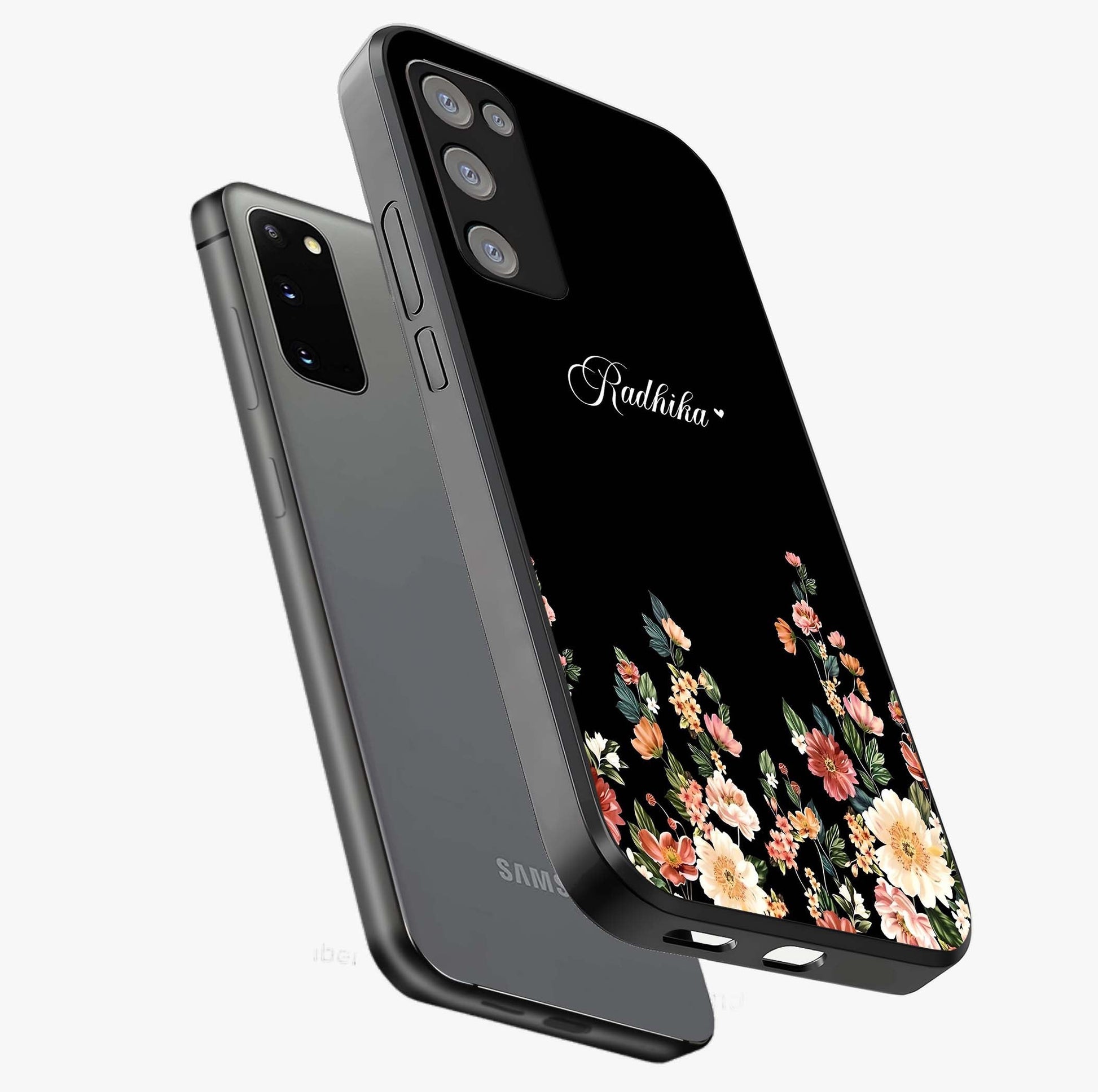 Floral Design With a Custom Personalized Name Glass Case displayed in angled mockup highlighting elegant floral pattern with custom name feature.
