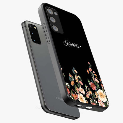 Floral Design With a Custom Personalized Name Glass Case displayed in angled mockup highlighting elegant floral pattern with custom name feature.