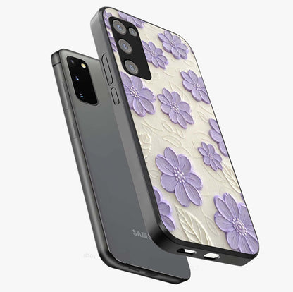 Floral Wall Art With Purple Flowers Glass Case displayed in angled mockup highlighting vibrant purple floral illustration with artistic aesthetic.