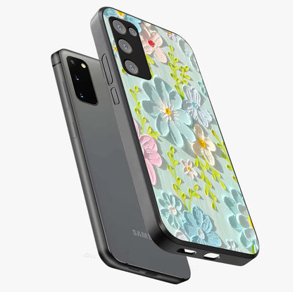 Frosted Petal Garden Glass Case displayed in angled mockup highlighting delicate flower petal design with calm garden aesthetic.