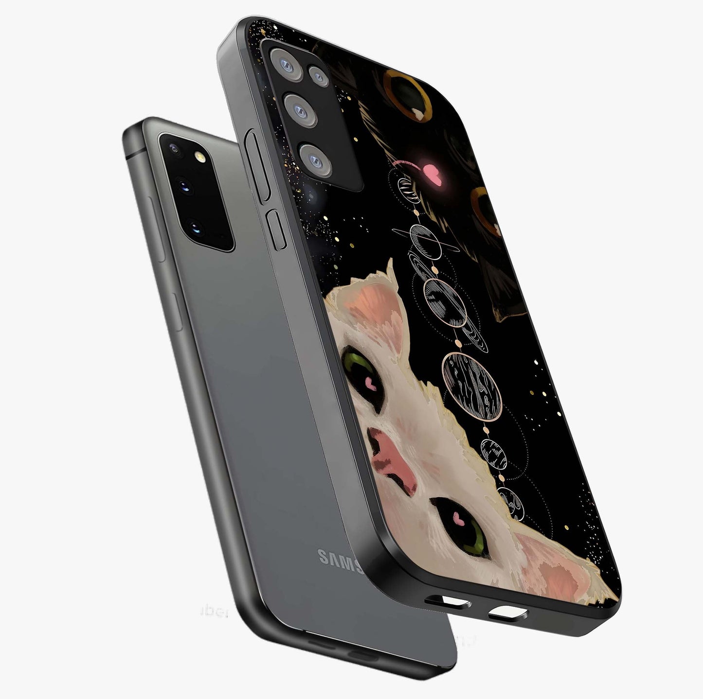 Galactic Cat Glass Case displayed in angled mockup highlighting celestial feline illustration with galaxy aesthetic style.