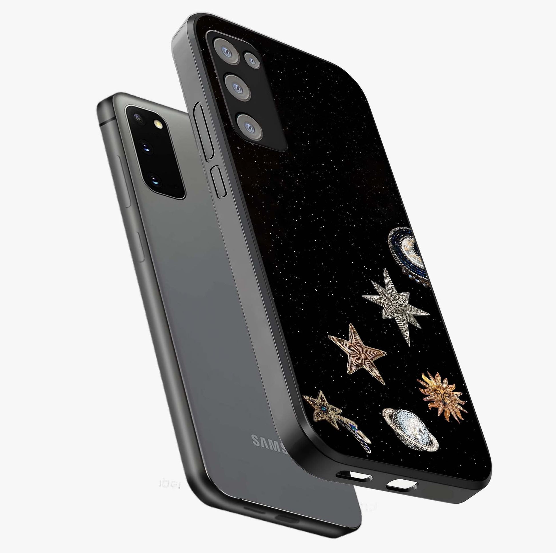 Galactic Charm Glow Glass Case displayed in angled mockup highlighting luminous galaxy inspired design with dreamy aesthetic.