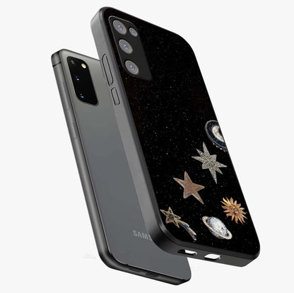 Galactic Charm Glow Glass Case displayed in angled mockup highlighting luminous galaxy inspired design with dreamy aesthetic.