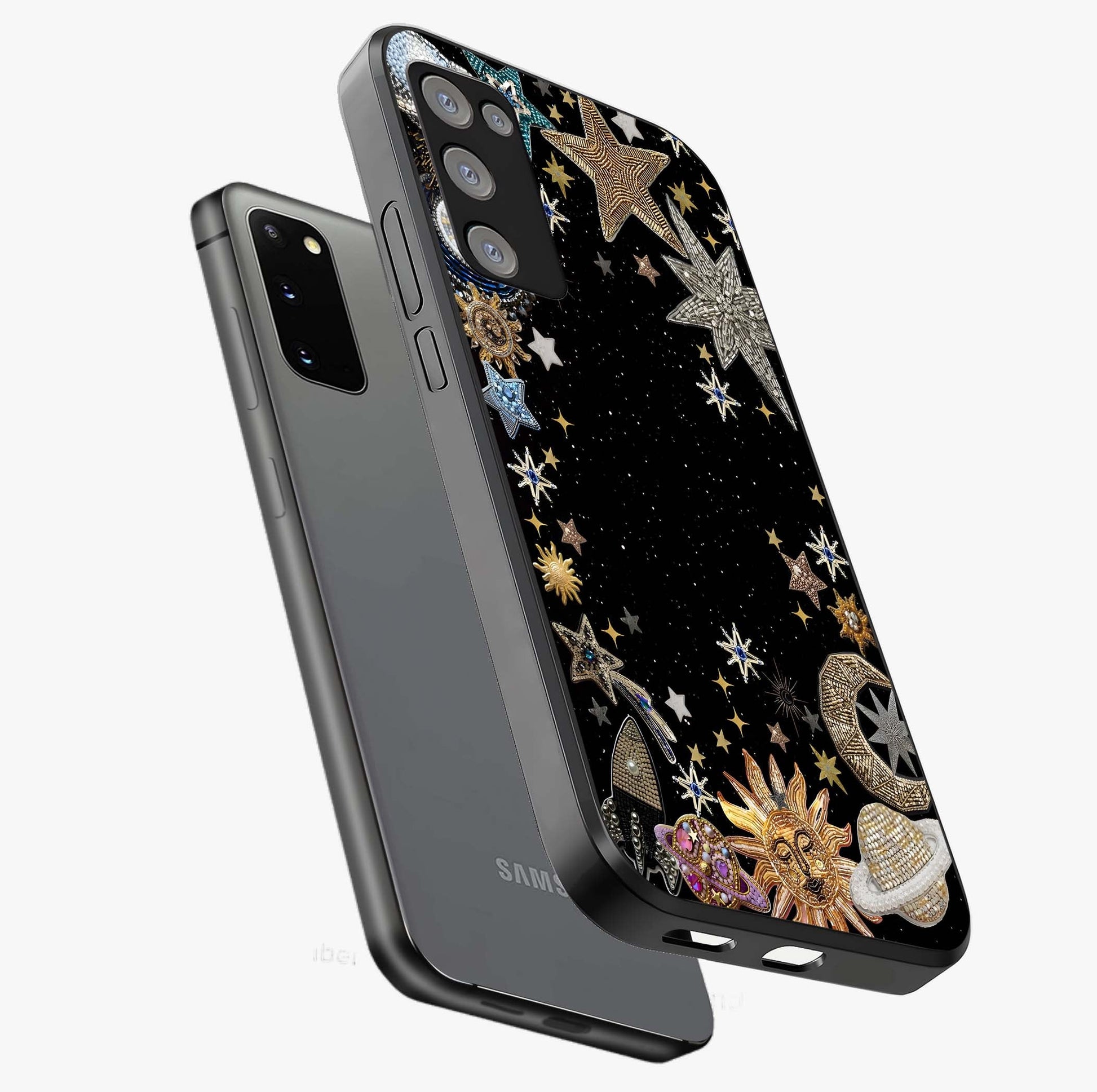 Galactic Jewel Stars Glass Case displayed in angled mockup highlighting shining celestial star design with cosmic aesthetic style.