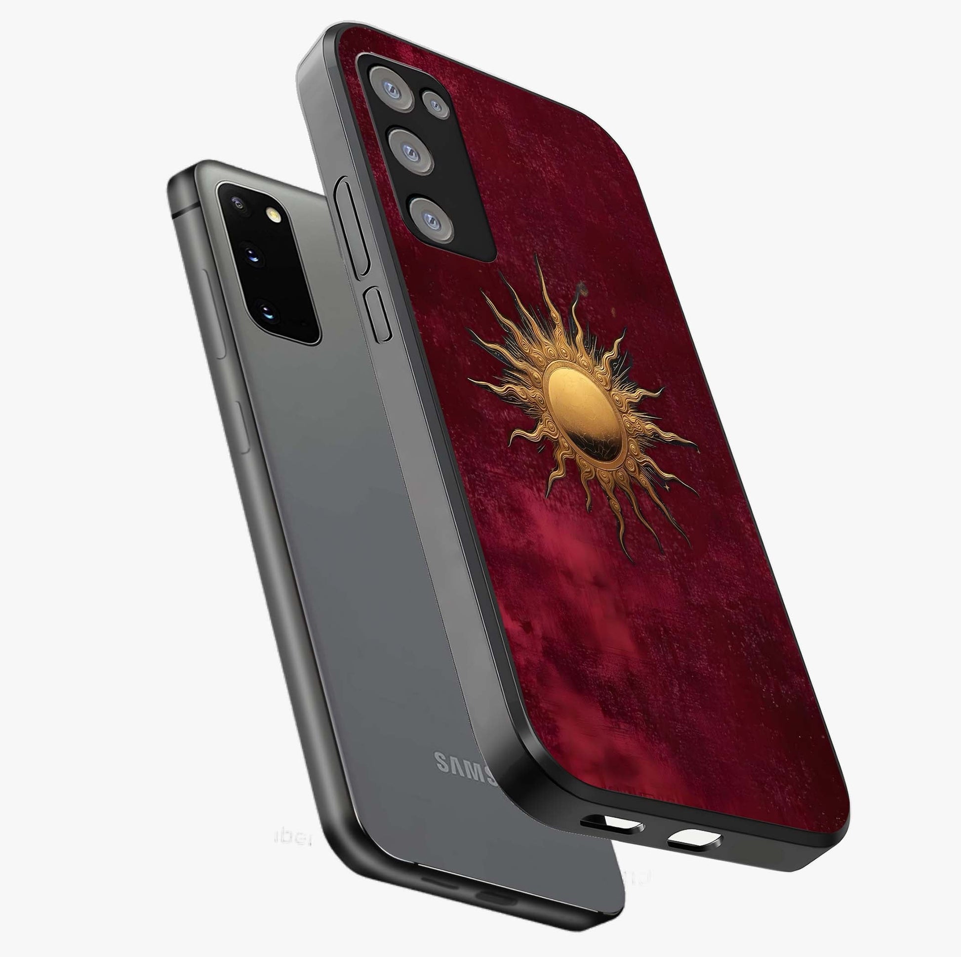 Golden Sun Minimalism Glass Case displayed in angled mockup highlighting clean sun symbol design with modern minimal aesthetic.