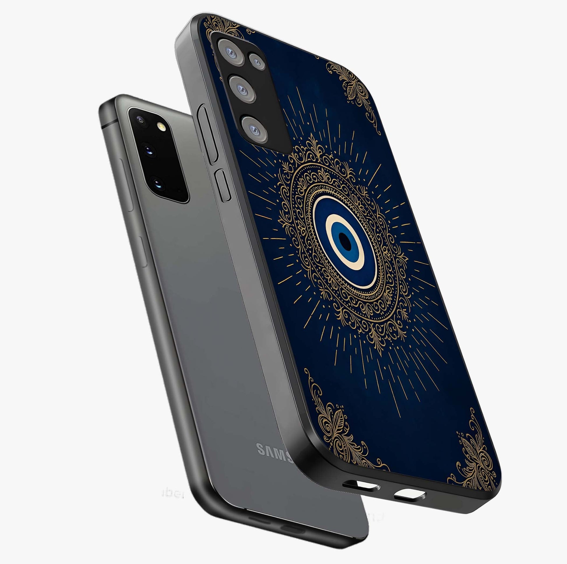 Golden Celestial Charm Glass Case displayed in angled mockup highlighting sparkling cosmic charm design with celestial aesthetic.