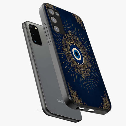 Golden Celestial Charm Glass Case displayed in angled mockup highlighting sparkling cosmic charm design with celestial aesthetic.