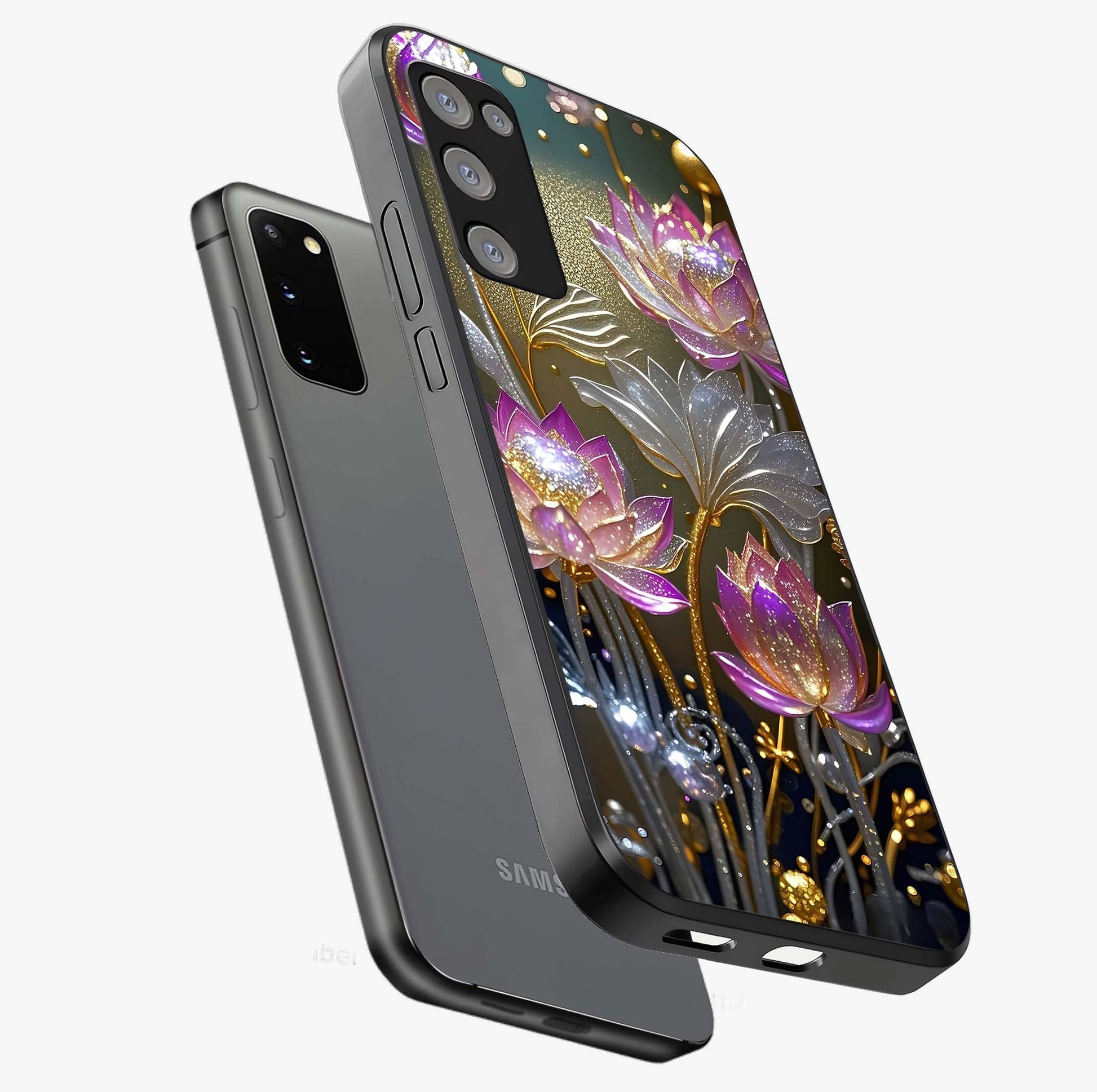 Golden Floral Majesty Glass Case displayed in angled mockup highlighting elegant flower design with royal golden aesthetic.