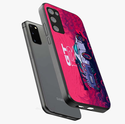 GT-R Car Pattern Glass Case displayed in angled mockup highlighting racing car graphic design with bold automotive aesthetic.